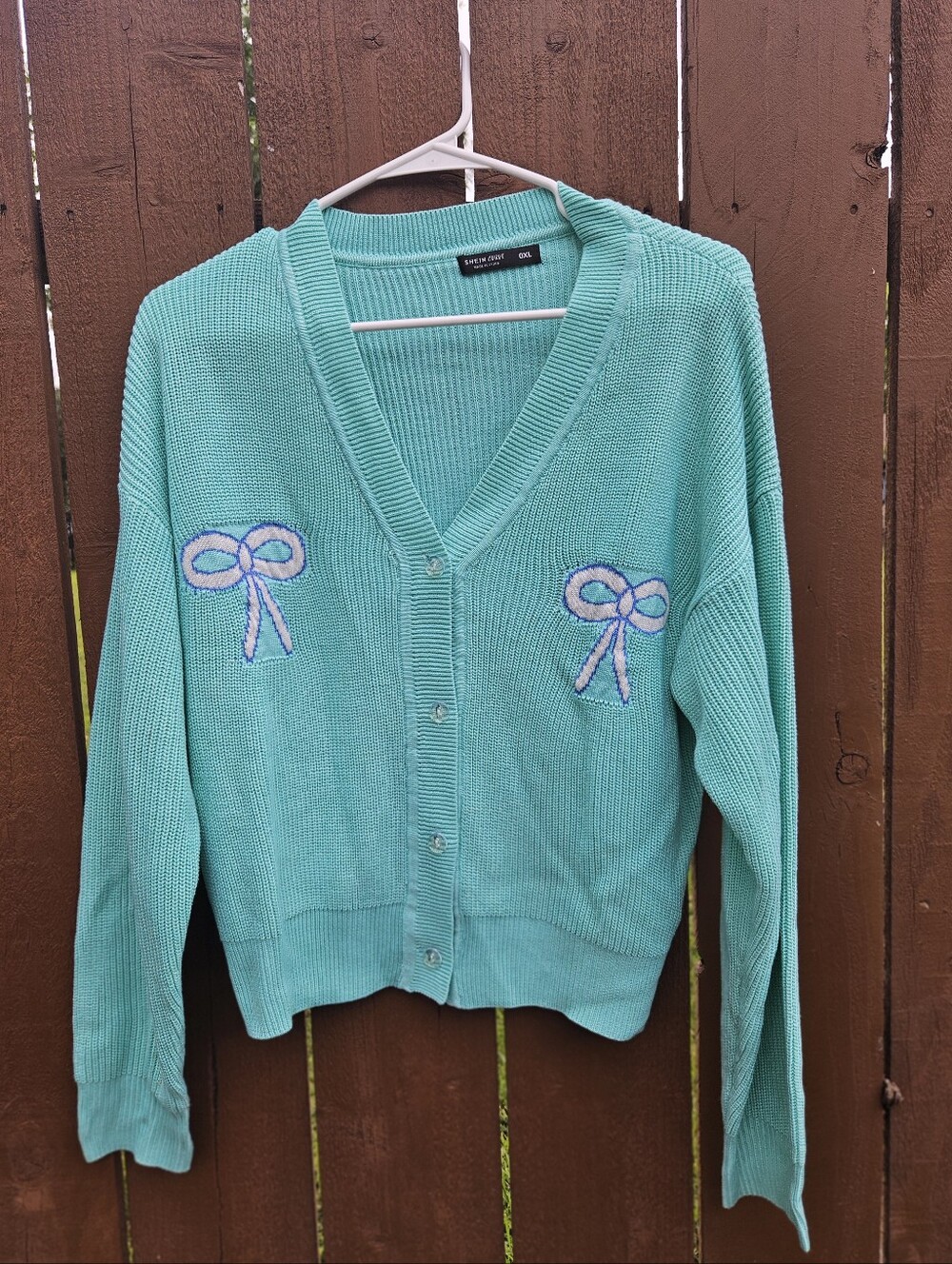 Shein Teal Button-Front Cardigan with Bow Embroidery NWOT Size 0XL